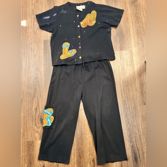 Michael Simon Women’s Flip Flop Black Button Down Sweater & Pants Set Medium VTG - Picture 2 of 12